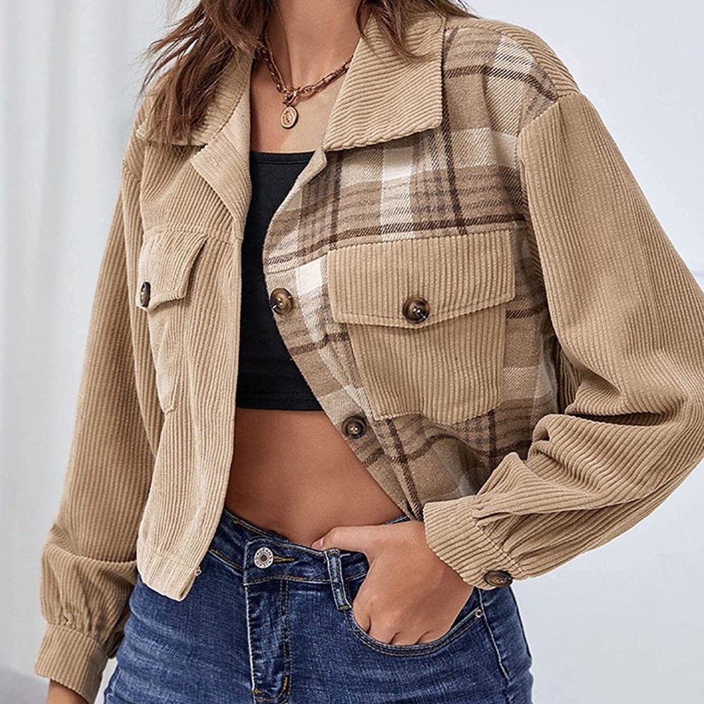 NWT Plaid Patchwork Cropped Corduroy Jacket